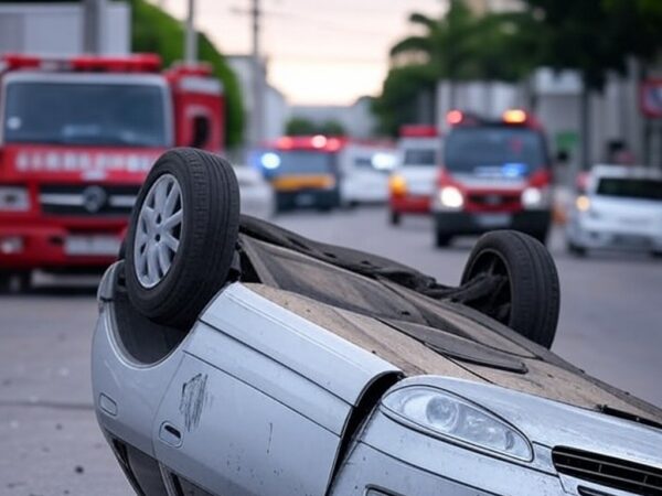 Cena de acidente com carro capotado em avenida de Águas Claras, DF, com viaturas de emergência ao fundo.