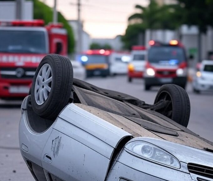 Cena de acidente com carro capotado em avenida de Águas Claras, DF, com viaturas de emergência ao fundo.