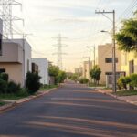 Rua em Águas Claras com postes e fios elétricos durante interrupção programada de energia para manutenção.