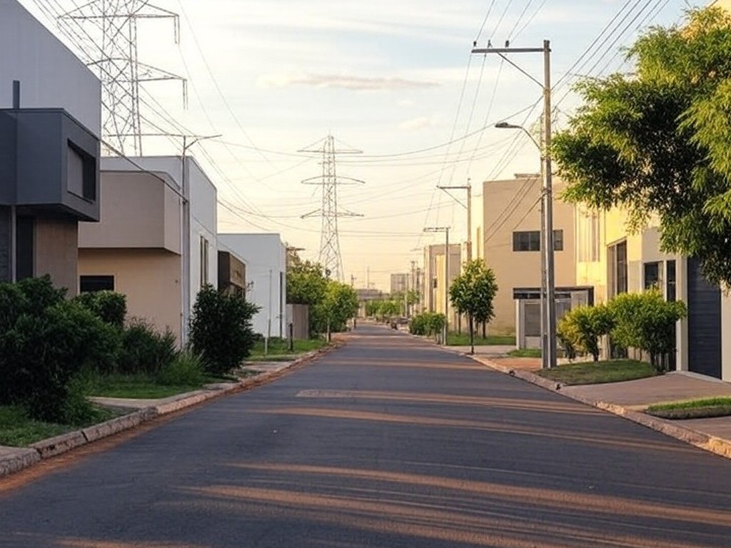 Rua em Águas Claras com postes e fios elétricos durante interrupção programada de energia para manutenção.