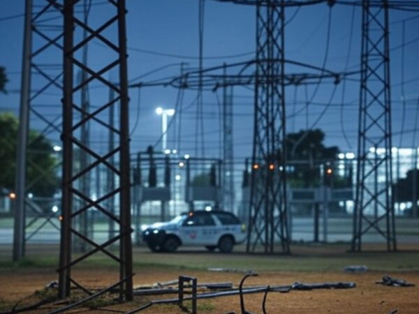 Subestação elétrica em Brasília com cabos e viatura da Polícia Militar do DF, representando tentativa de furto.