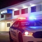 Quarto de motel no DF com sinais de furto de TV e itens de frigobar, viatura policial ao fundo.