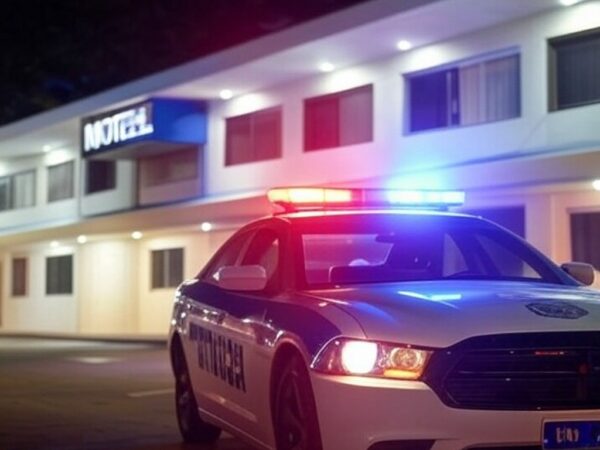 Quarto de motel no DF com sinais de furto de TV e itens de frigobar, viatura policial ao fundo.