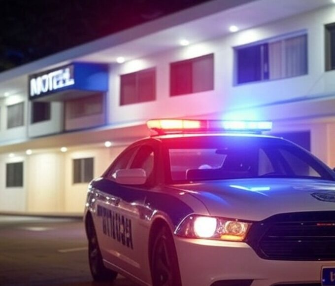 Quarto de motel no DF com sinais de furto de TV e itens de frigobar, viatura policial ao fundo.