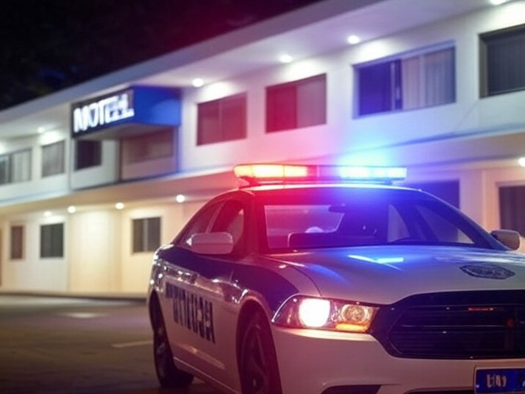 Quarto de motel no DF com sinais de furto de TV e itens de frigobar, viatura policial ao fundo.