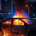 Carro carbonizado em chamas em rua do Distrito Federal, com fumaça e edifícios de Brasília ao fundo.