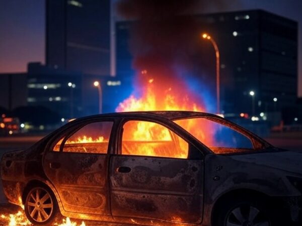 Carro carbonizado em chamas em rua do Distrito Federal, com fumaça e edifícios de Brasília ao fundo.