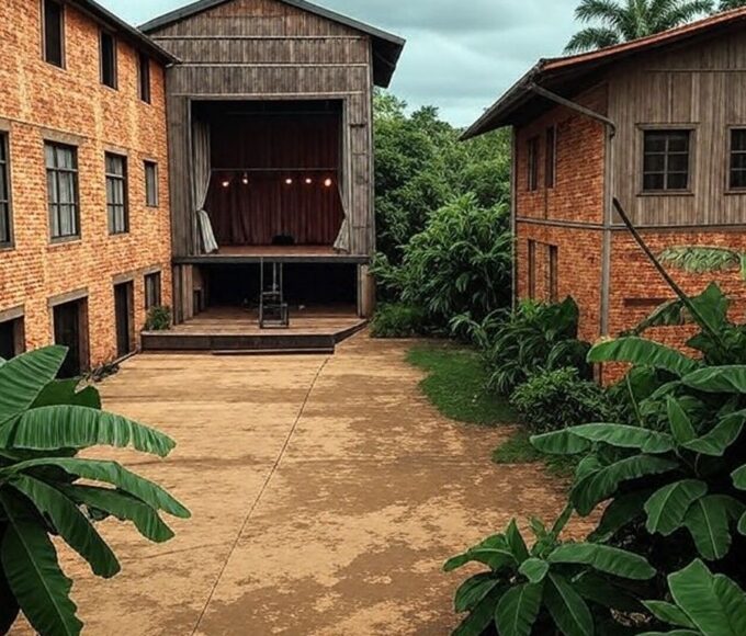Engenho antigo no Brasil com palco teatral, representando seleção para peça sobre Nise da Silveira em meio a críticas culturais.