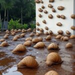 Infestação de caramujos africanos em residências de Águas Claras após chuvas, com moluscos rastejando em paredes e jardins.