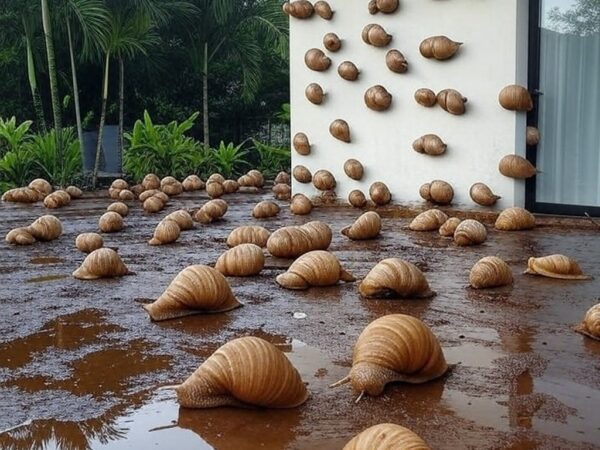 Infestação de caramujos africanos em residências de Águas Claras após chuvas, com moluscos rastejando em paredes e jardins.