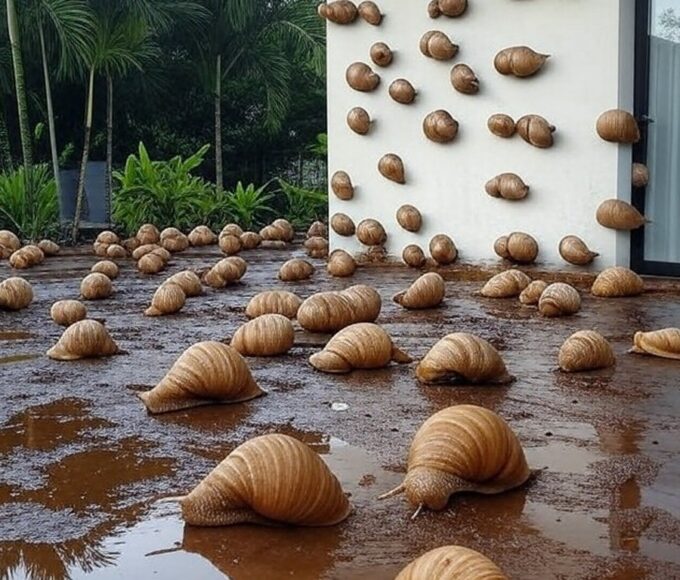 Infestação de caramujos africanos em residências de Águas Claras após chuvas, com moluscos rastejando em paredes e jardins.