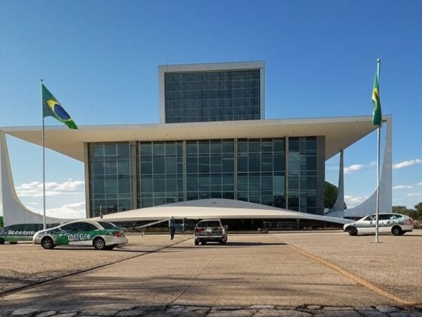 Fachada do STF em Brasília com viaturas da PM, representando julgamento de embargos de PMs condenados pelos atos de 8 de janeiro.