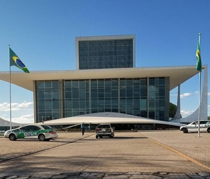Fachada do STF em Brasília com viaturas da PM, representando julgamento de embargos de PMs condenados pelos atos de 8 de janeiro.