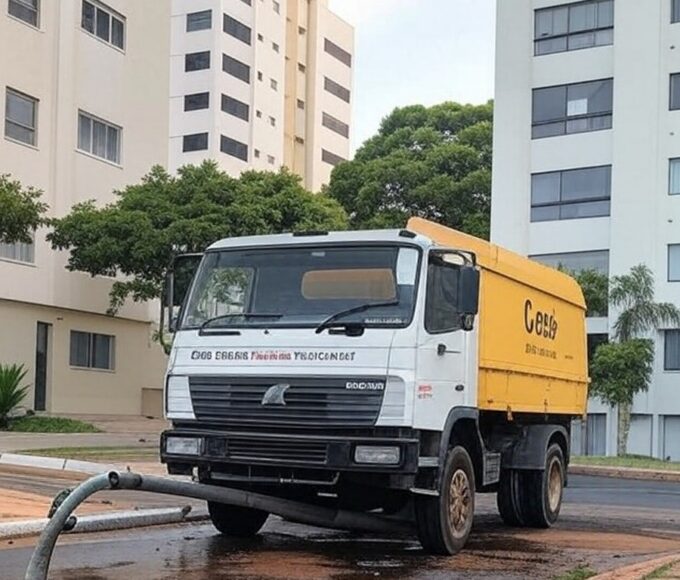 Rua na Asa Norte com tubulações de água em manutenção, destacando falhas na infraestrutura do DF.