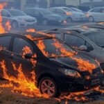 Incêndio em vegetação atingindo veículos em Vicente Pires, DF, com viaturas de bombeiros ao fundo.