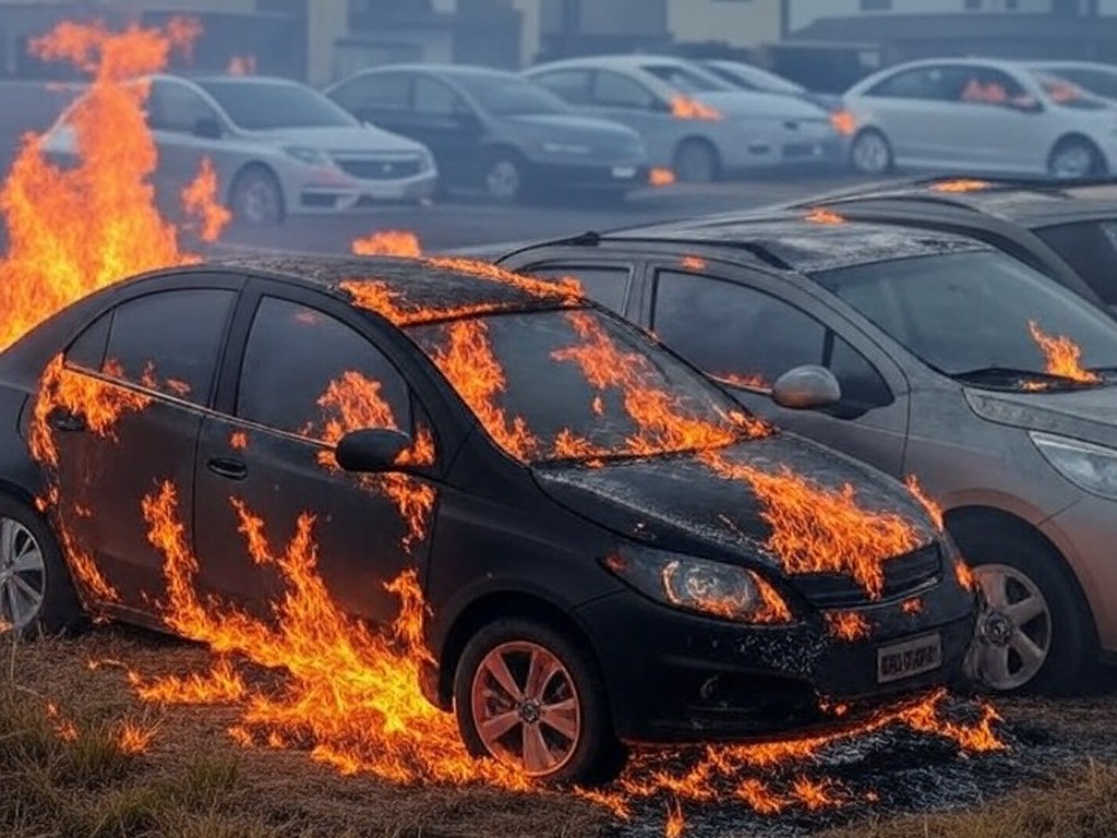 Incêndio em vegetação atingindo veículos em Vicente Pires, DF, com viaturas de bombeiros ao fundo.