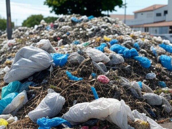 Pilha de lixo descartado irregularmente em rua do Guará, ameaçando saúde pública no Distrito Federal.