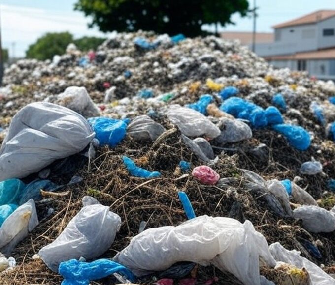 Pilha de lixo descartado irregularmente em rua do Guará, ameaçando saúde pública no Distrito Federal.
