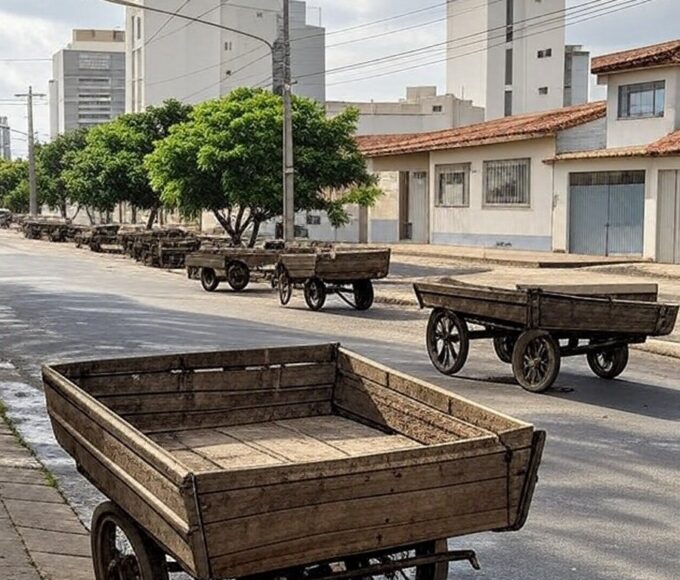 Rua no Guará com carroças abandonadas, representando promessa de banimento após lei ignorada.