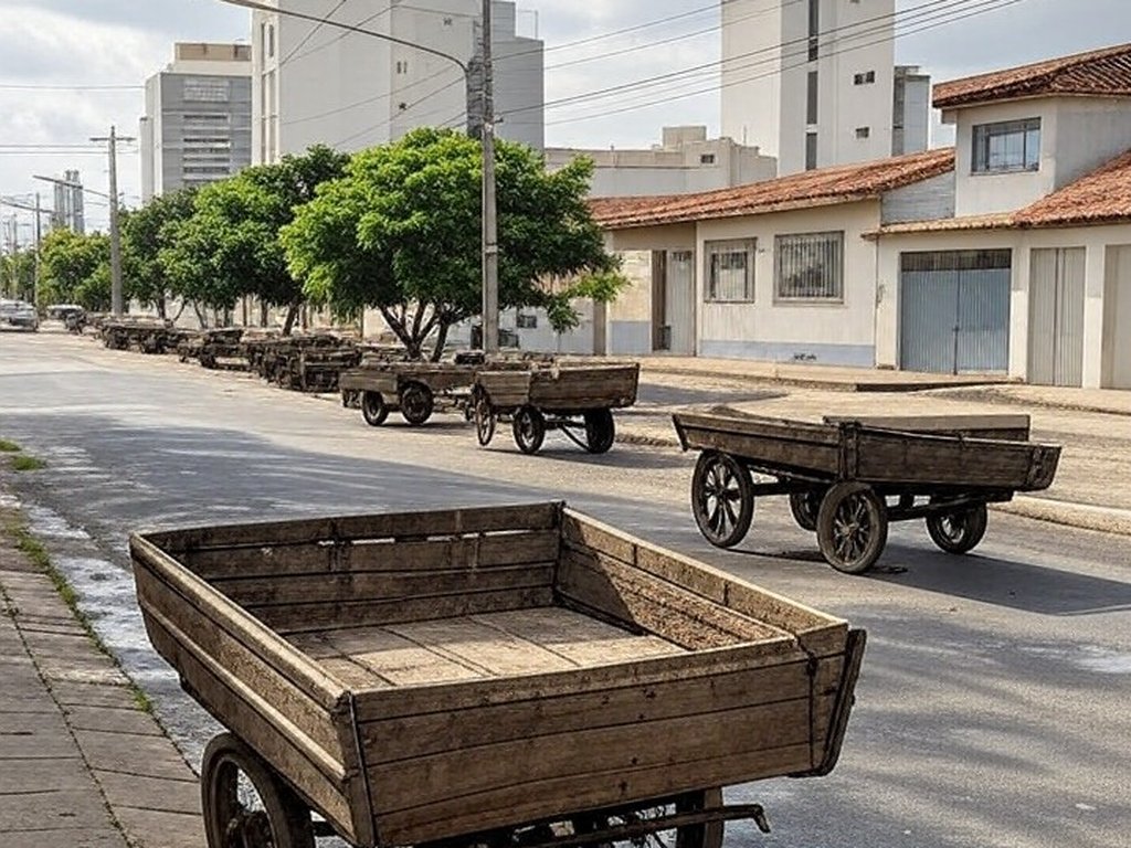 Rua no Guará com carroças abandonadas, representando promessa de banimento após lei ignorada.