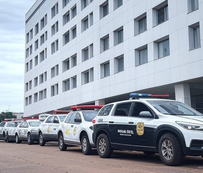 Hospital em Brasília com viaturas da Polícia Civil investigando caso de injeção de desinfetante por técnicos de enfermagem.
