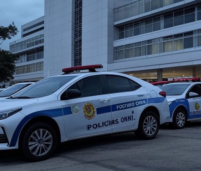 Viatura da Polícia Civil de Goiás em frente a hospital, representando prisões por mortes intencionais em unidade de saúde.