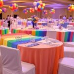 Salão de festas em Águas Claras decorado com bandeiras arco-íris para celebração da diversidade LGBTQIAPN+.