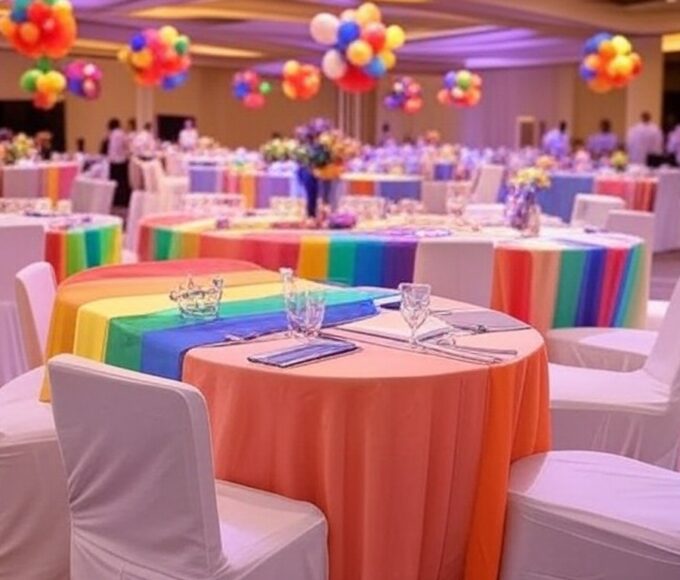 Salão de festas em Águas Claras decorado com bandeiras arco-íris para celebração da diversidade LGBTQIAPN+.