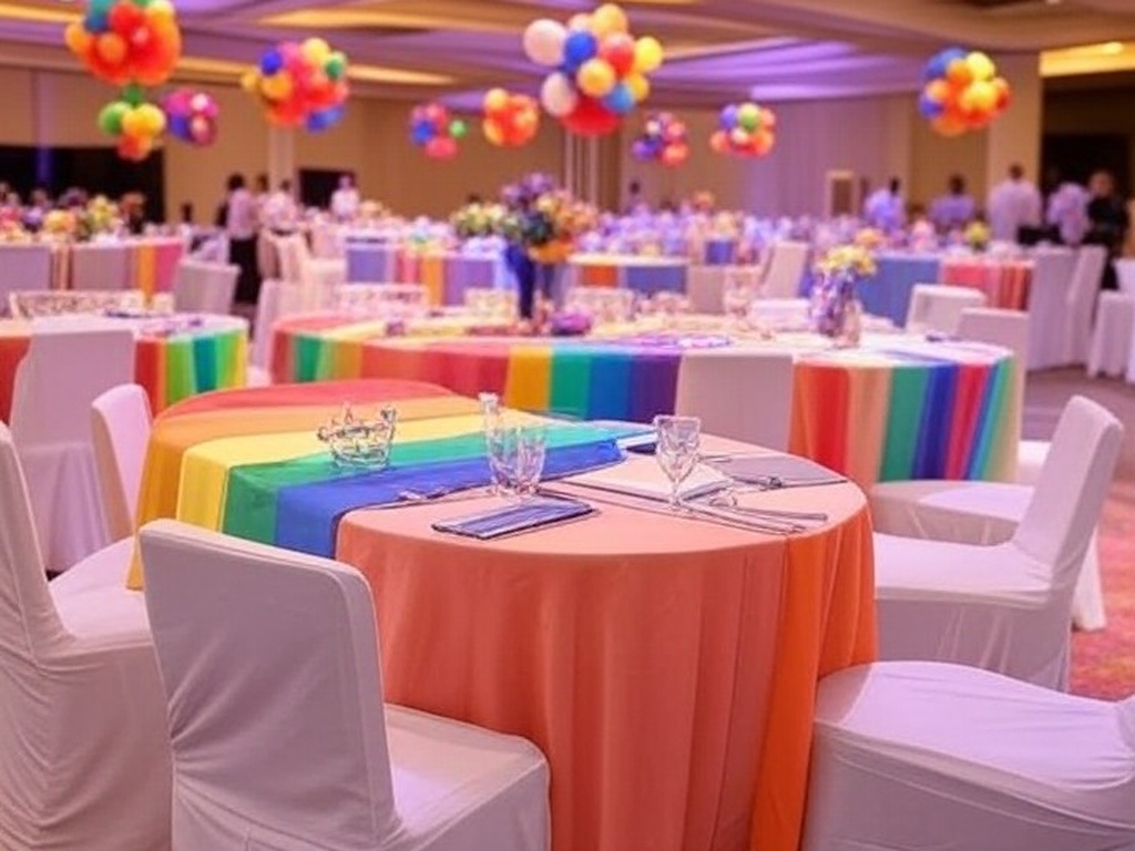 Salão de festas em Águas Claras decorado com bandeiras arco-íris para celebração da diversidade LGBTQIAPN+.