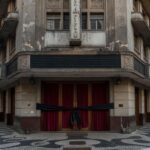 Cinema clássico em São Paulo com fita preta de luto, representando a morte do ator Robert Duvall, ícone de O Poderoso Chefão.