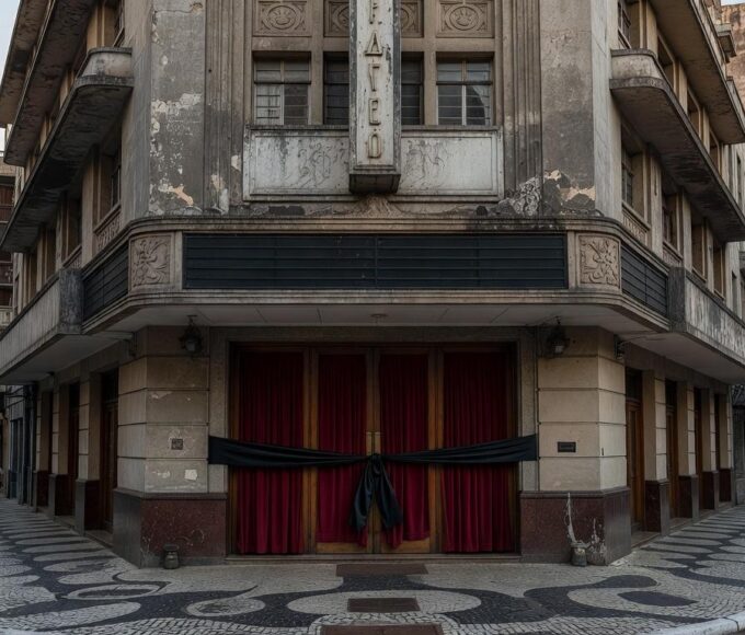 Cinema clássico em São Paulo com fita preta de luto, representando a morte do ator Robert Duvall, ícone de O Poderoso Chefão.