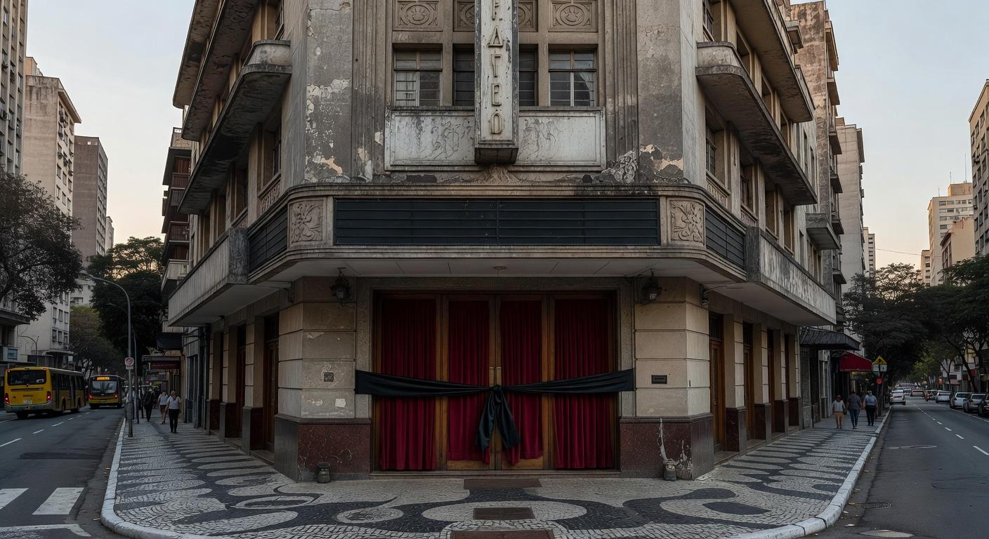 Cinema clássico em São Paulo com fita preta de luto, representando a morte do ator Robert Duvall, ícone de O Poderoso Chefão.