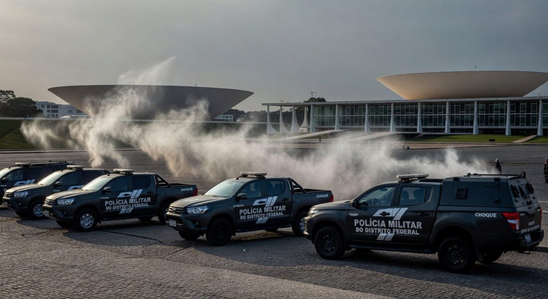 Cena de ação policial em Brasília com viaturas da PMDF e spray de pimenta, representando incidente com deputado.