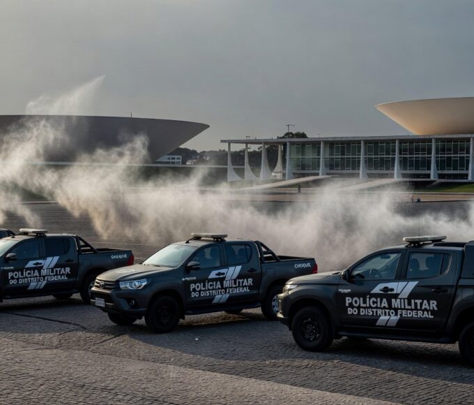 Cena de ação policial em Brasília com viaturas da PMDF e spray de pimenta, representando incidente com deputado.