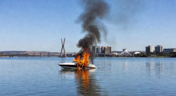 Lancha em chamas no Lago Paranoá, Brasília, com fumaça e reflexos na água, representando incêndio que causou queimaduras graves.