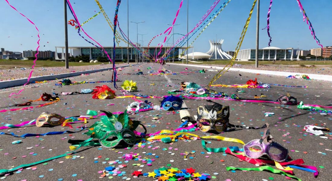Rua em Brasília no Carnaval com confetes e máscaras abandonadas, expondo falhas no combate ao assédio.