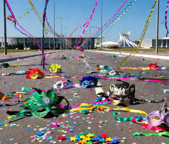 Rua em Brasília no Carnaval com confetes e máscaras abandonadas, expondo falhas no combate ao assédio.