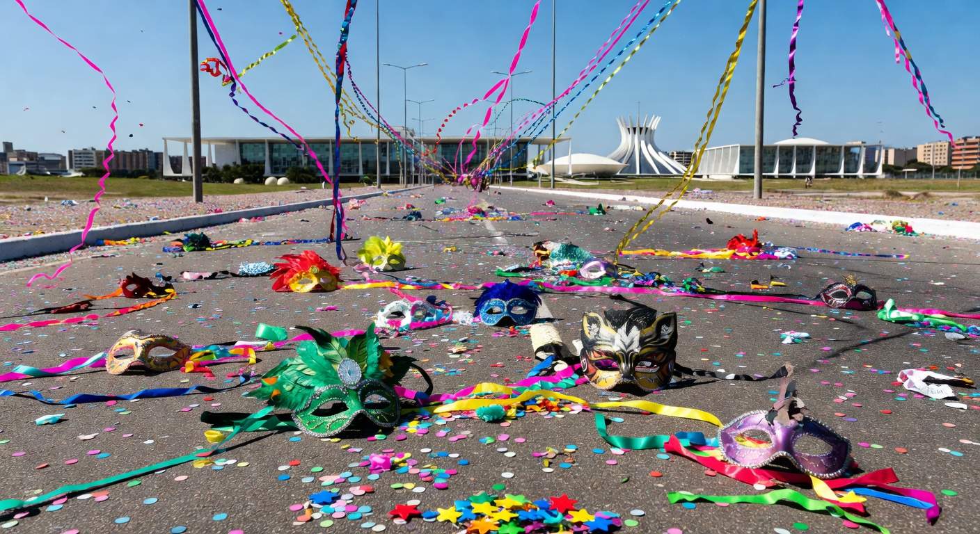 Rua em Brasília no Carnaval com confetes e máscaras abandonadas, expondo falhas no combate ao assédio.