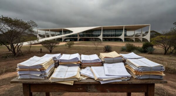 Edifício da CLDF em Brasília com documentos simbólicos de ineficácia, destaque no Giro Distrital e críticas.