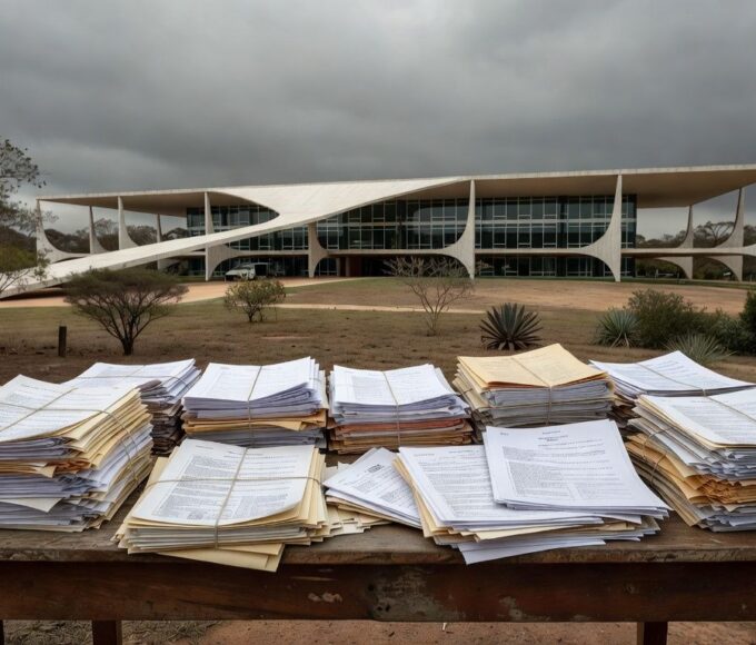 Edifício da CLDF em Brasília com documentos simbólicos de ineficácia, destaque no Giro Distrital e críticas.