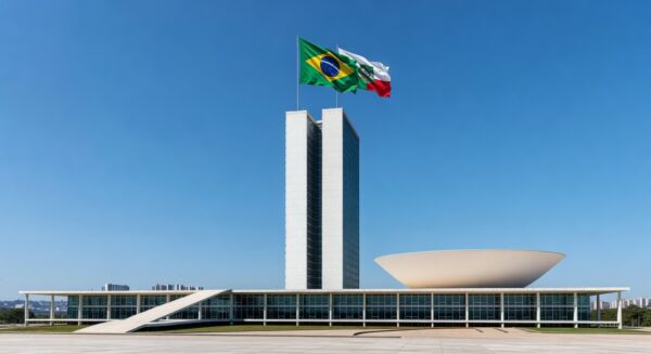 Vista da sede do GDF em Brasília com elementos financeiros representando empréstimo de R$ 6,6 bilhões e capitalização do BRB.
