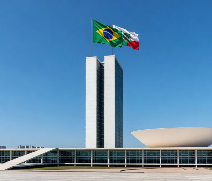 Vista da sede do GDF em Brasília com elementos financeiros representando empréstimo de R$ 6,6 bilhões e capitalização do BRB.