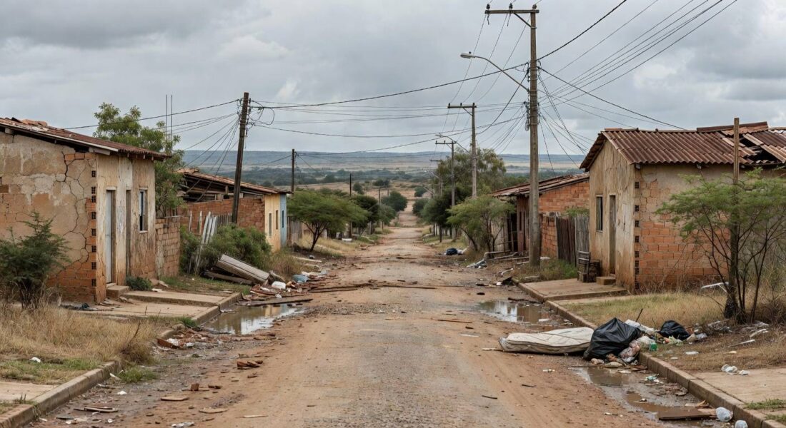 Favela em Brasília contrastando com edifícios modernos, expondo déficit habitacional no Distrito Federal.