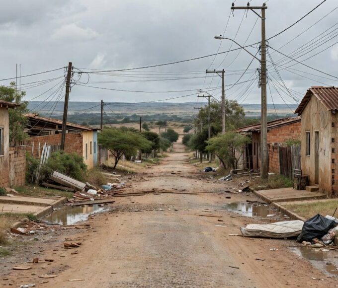 Favela em Brasília contrastando com edifícios modernos, expondo déficit habitacional no Distrito Federal.