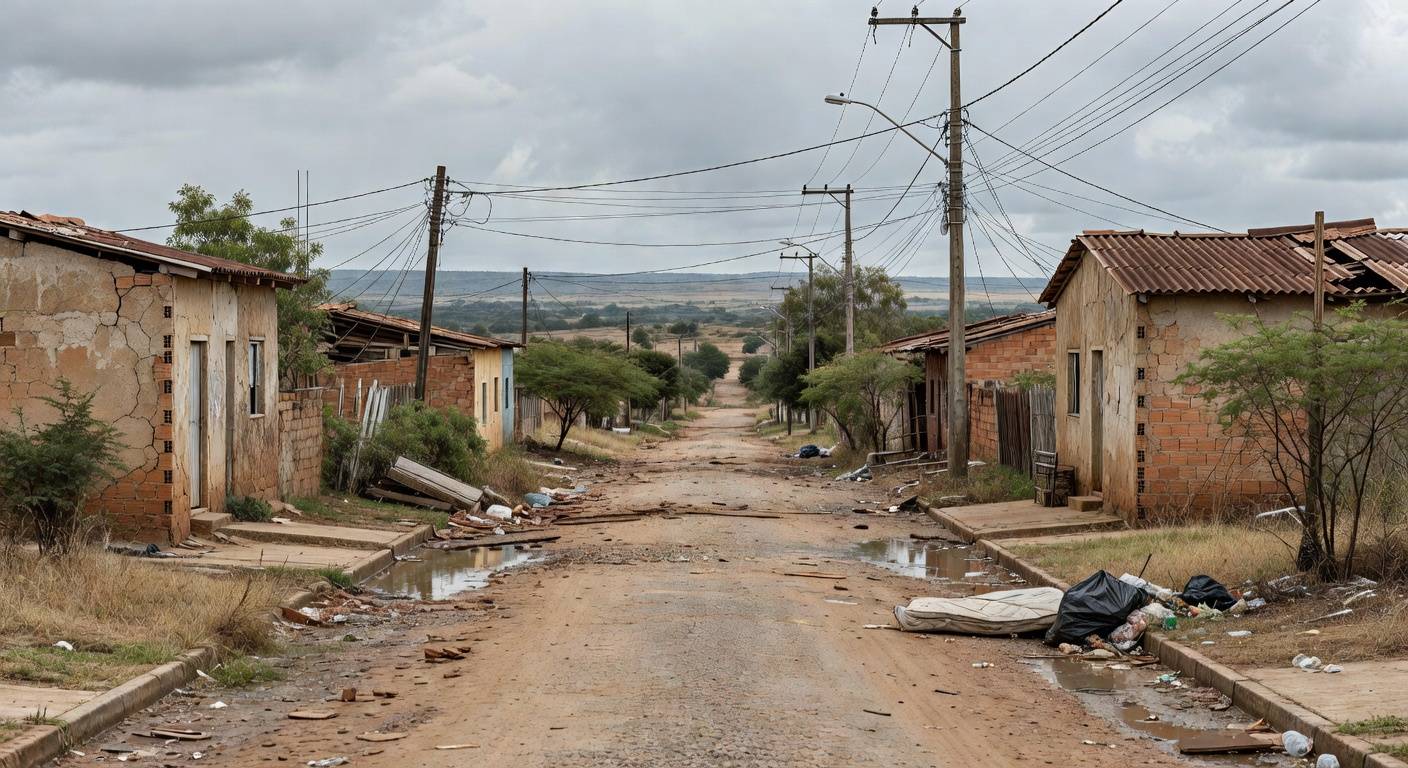 Favela em Brasília contrastando com edifícios modernos, expondo déficit habitacional no Distrito Federal.