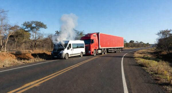 Colisão entre van e carreta na BR-020 em Goiás, com veículos danificados e destroços na rodovia.
