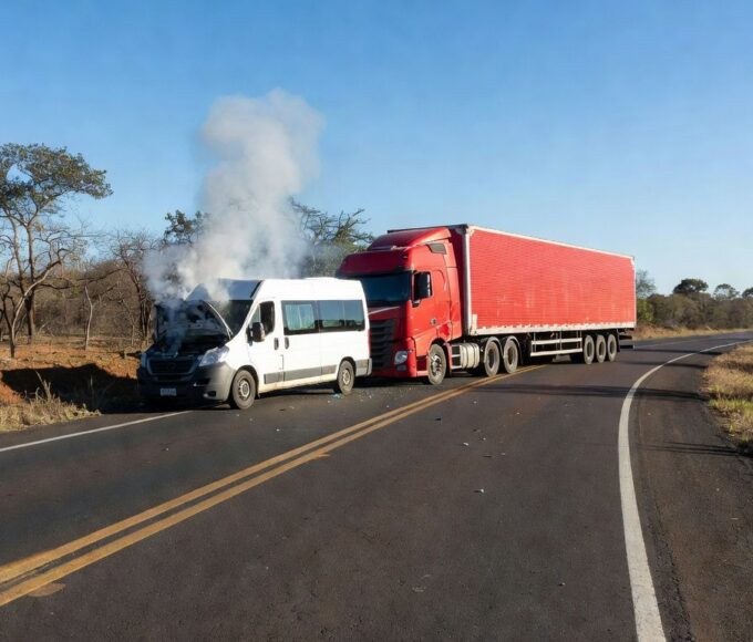 Colisão entre van e carreta na BR-020 em Goiás, com veículos danificados e destroços na rodovia.