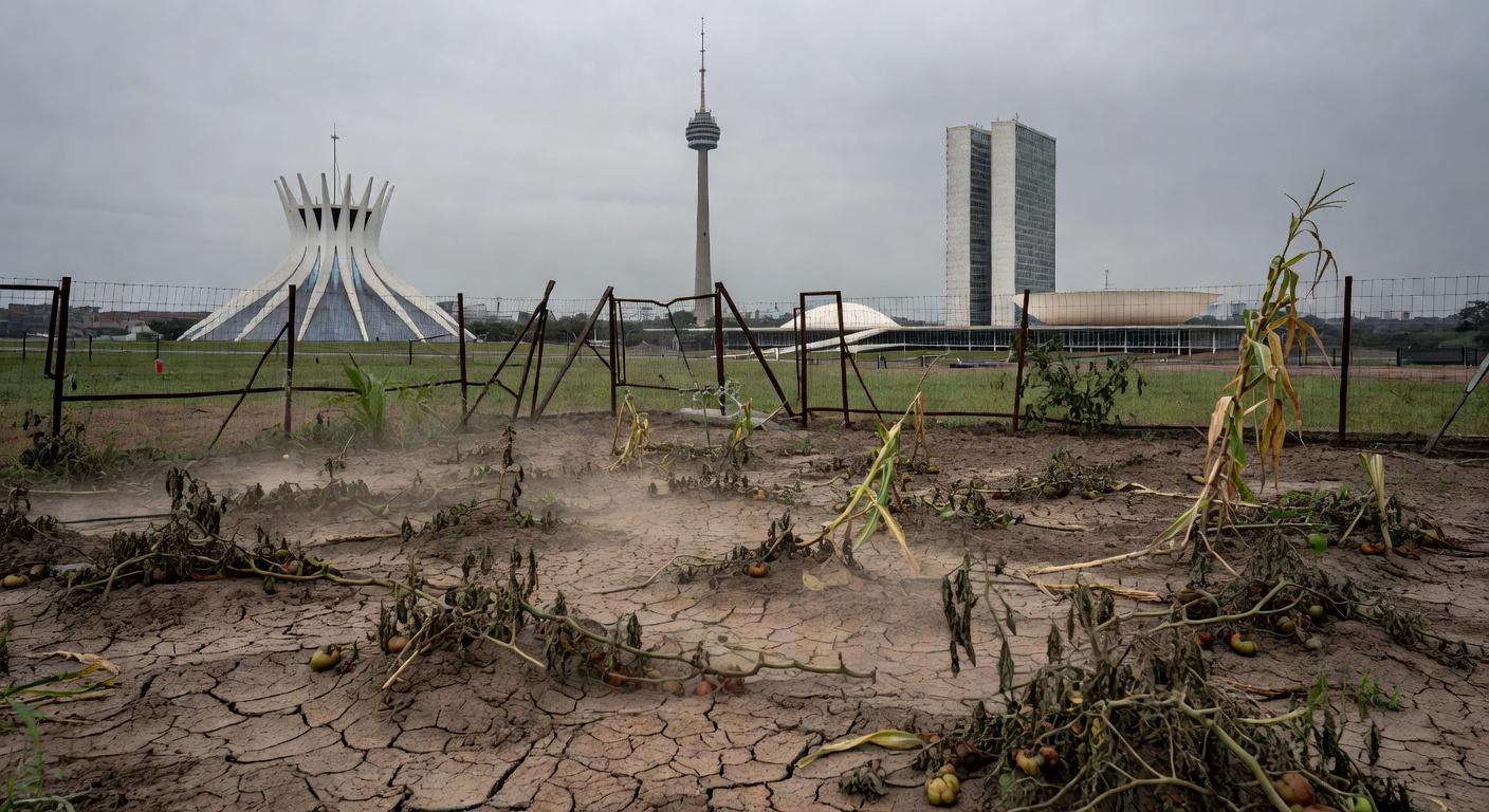 Horta urbana negligenciada em Brasília, com plantas secas e solo rachado, destacando falhas na agricultura urbana.