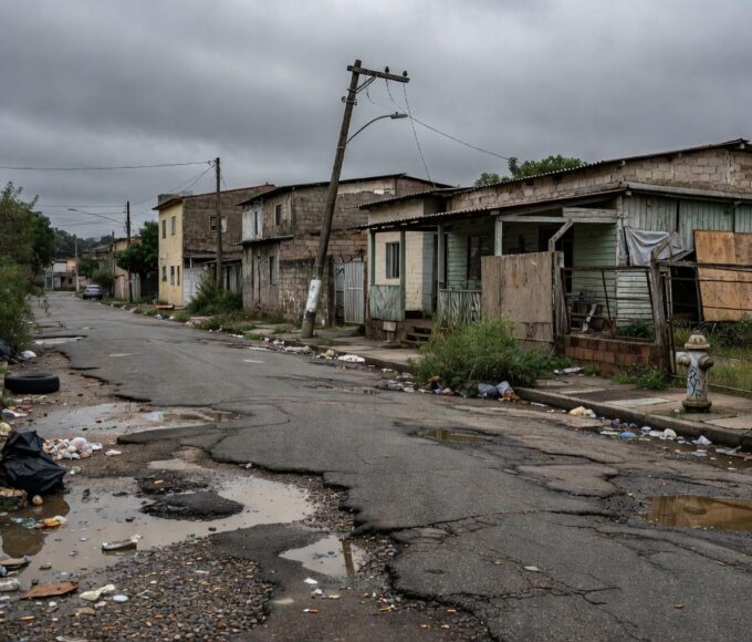 Rua em Nova Colina com buracos no asfalto e lixo acumulado, denunciando negligência em audiência na CLDF.