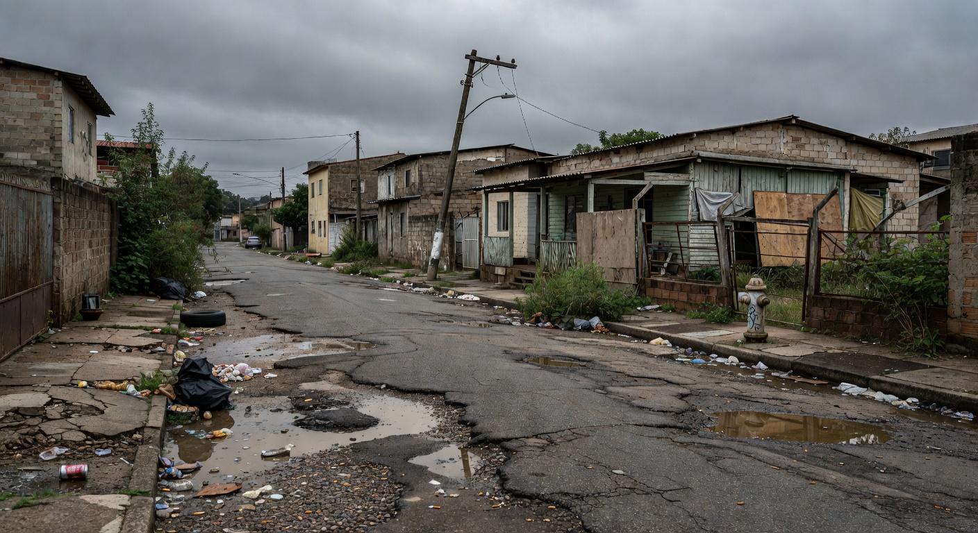Rua em Nova Colina com buracos no asfalto e lixo acumulado, denunciando negligência em audiência na CLDF.